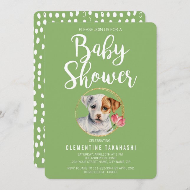 Invitación Baby Shower de la primavera del perro del cachorro (Anverso / Reverso)
