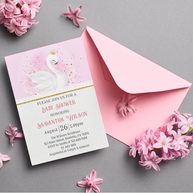 Invitación Baby Shower de la Princesa de Cisne Rosa y Oro Con (Subido por el creador)