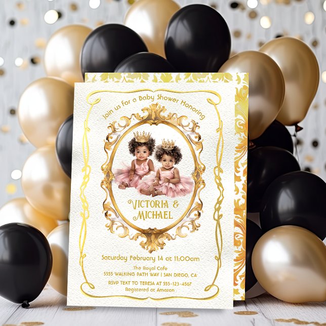 Invitación Baby Shower de la princesa de oro gemela afroameri (Subido por el creador)