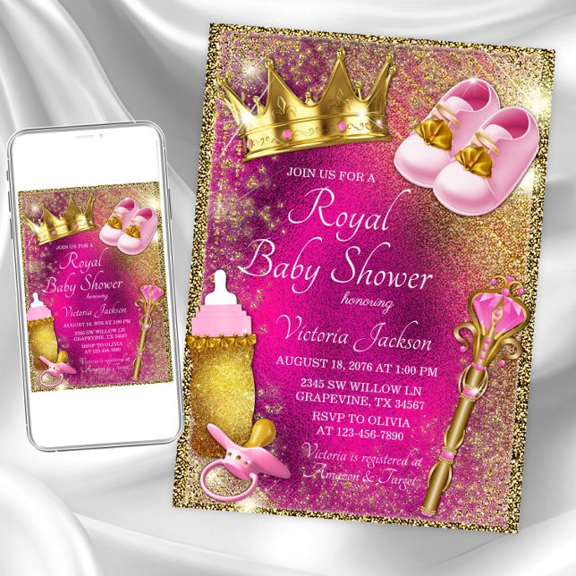Invitación Baby Shower de la Princesa de Oro Rosa  (Pink and gold princess baby shower invitation with cute princess things on pink and gold background)
