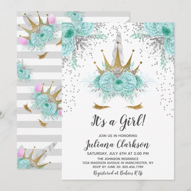 Invitación Baby Shower de la princesa Mint, Silver y Gold Uni (Anverso / Reverso)
