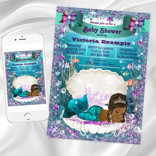 Invitación Baby Shower de la princesa sirena afroamericana (African American Mermaid Princess Baby Shower Invitation. Instant download & printed invitations.)