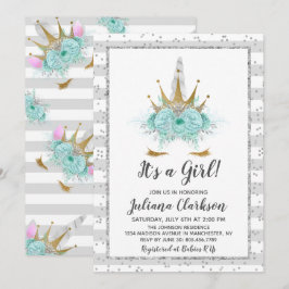 Invitación Baby Shower de la princesa Unicorn Purpurina Plata