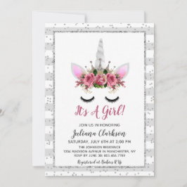 Invitación Baby Shower de la princesa Unicorn Purpurina Plata