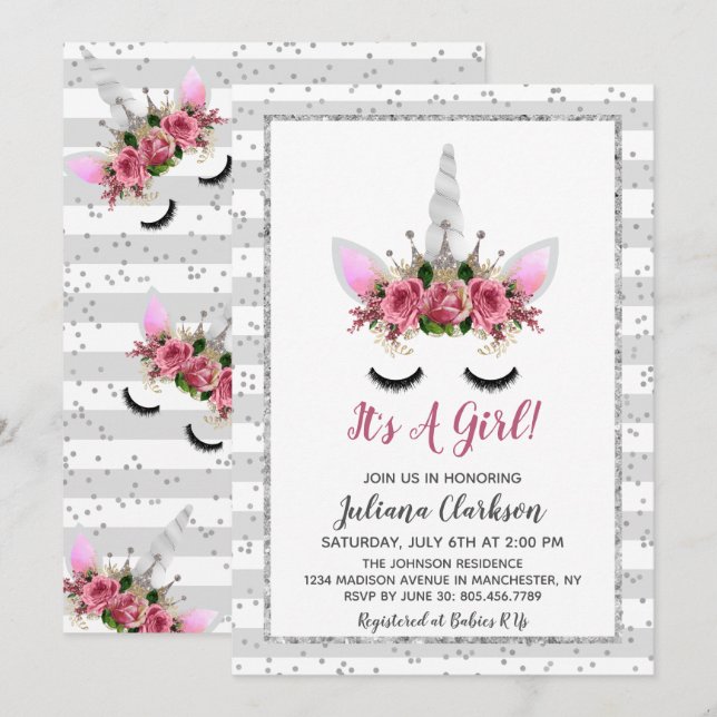 Invitación Baby Shower de la princesa Unicorn Purpurina Plata (Anverso / Reverso)