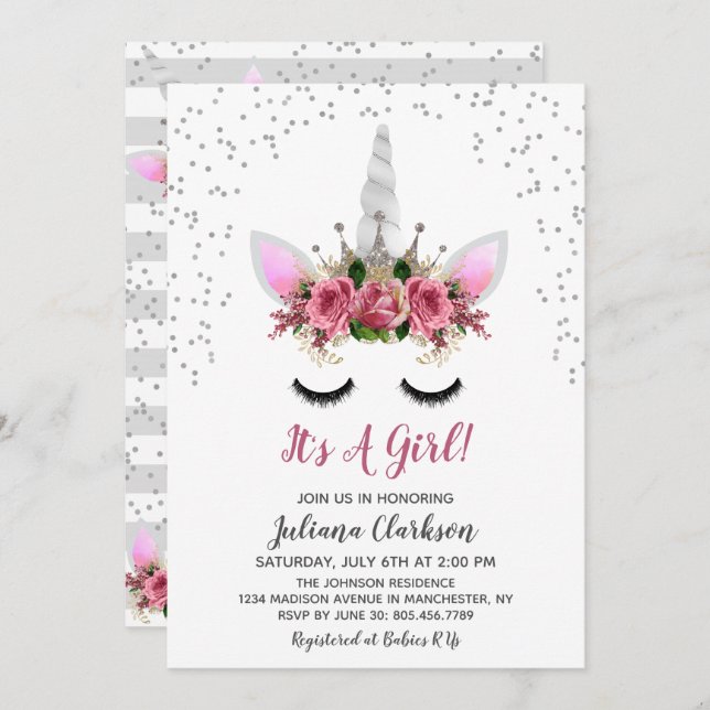 Invitación Baby Shower de la princesa Unicorn Purpurina Plata (Anverso / Reverso)