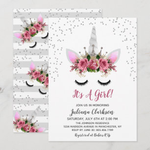 Invitación Baby Shower de la princesa Unicorn Purpurina Plata