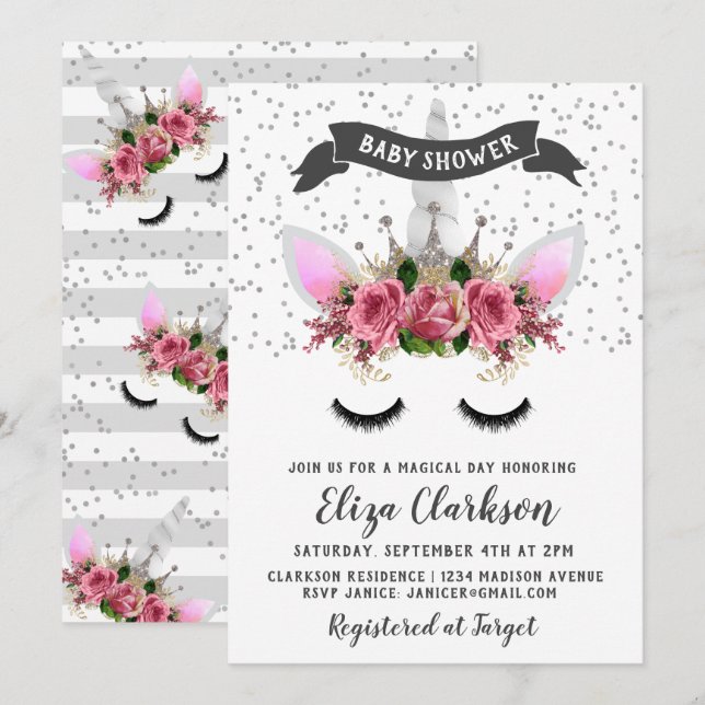 Invitación Baby Shower de la princesa Unicorn Purpurina Plata (Anverso / Reverso)