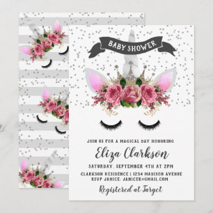 Invitación Baby Shower de la princesa Unicorn Purpurina Plata