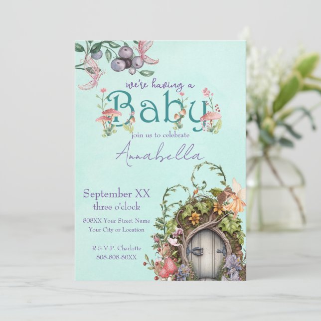 Invitación Baby Shower de la puerta del jardín de hadas del b (Anverso de pie)