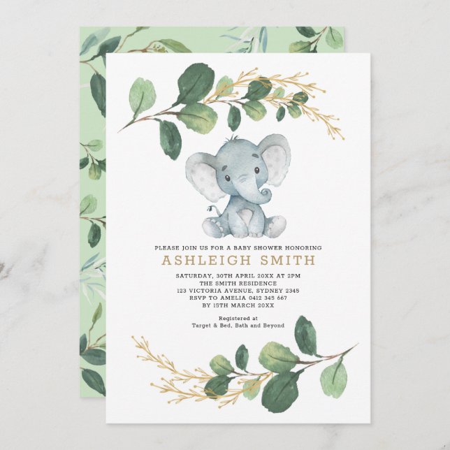 Invitación Baby Shower de la selva Elephant de la vegetación  (Anverso / Reverso)