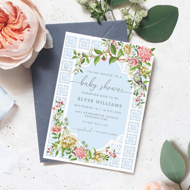 Invitación Baby Shower de la serie Chinoiserie azu (Blue Boy Baby Shower Invitation Blue Chinoiserie French Floral)