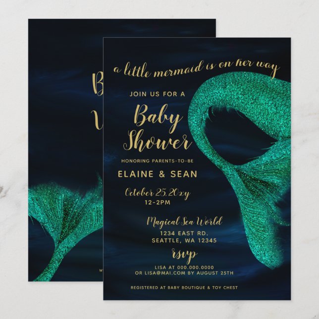 Invitación Baby Shower de la sirena de oro azul (Anverso / Reverso)