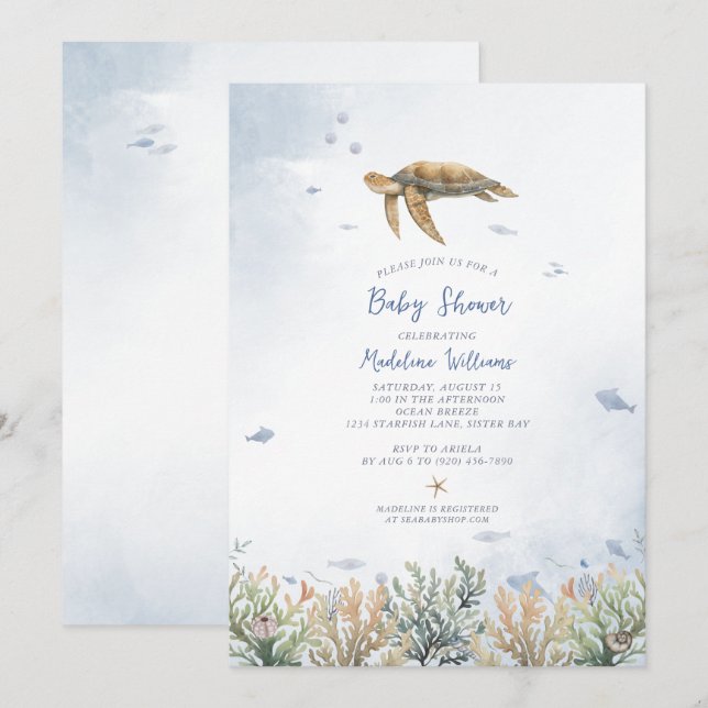 Invitación Baby Shower de la tortuga acuática Ocean Sea (Anverso / Reverso)
