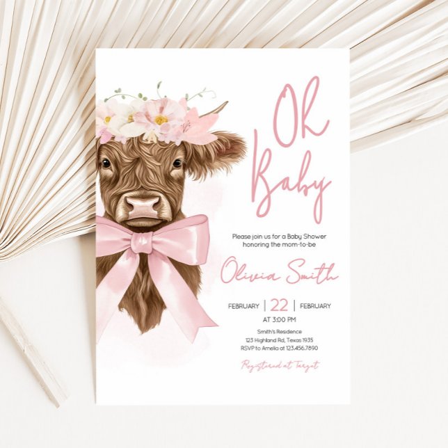Invitación Baby Shower de la vaca rosada floral Highland (Coquette Highland Cow Baby Shower Invitation)