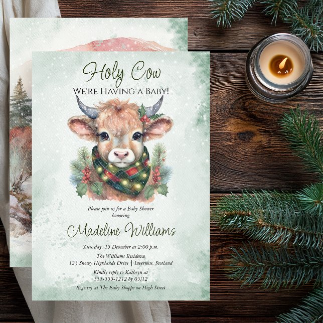 Invitación Baby Shower de la vaca sagrada en Highland Holiday (Winter Holiday Highland "Holy Cow" Evergreen Baby Shower Invitation - Print | Digital Download)