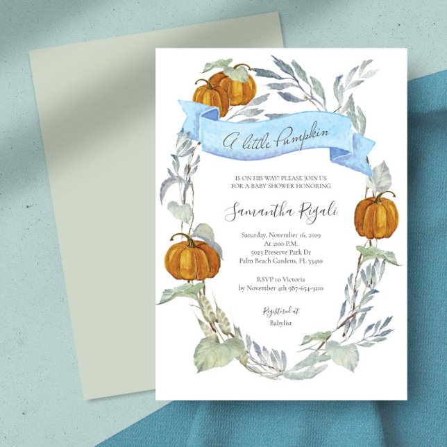 Invitación Baby Shower de la vegetación de la Calabaza Azul o (pumpkin baby boy shower invitations )