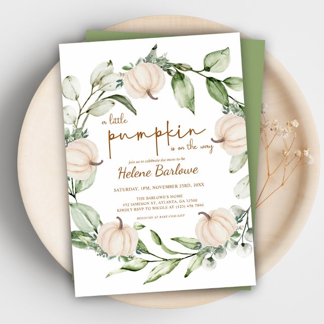 Invitación Baby Shower de la vegetación de la calabaza de oto (Fall Pumpkin Greenery Baby Shower Invitation)