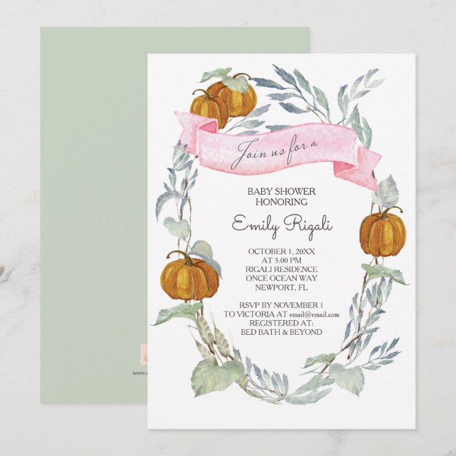 Invitación Baby Shower de la vegetación de la calabaza rosa o (Anverso / Reverso)