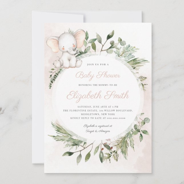 Invitación Baby Shower de la vegetación del Chica del Elefant (Anverso)