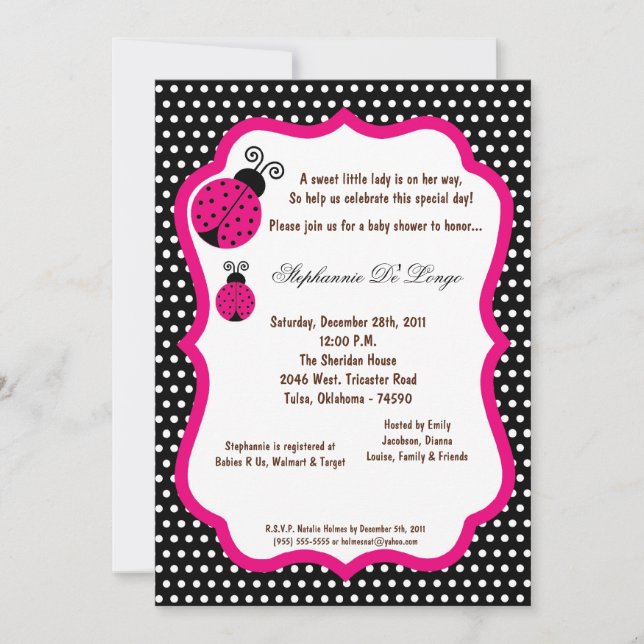 Invitación Baby Shower de Lady Bug negra las 5 hor (Anverso)