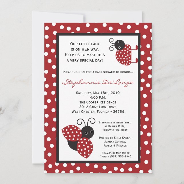 Invitación Baby Shower de Lady Bug Red Crimson 5x7 (Anverso)