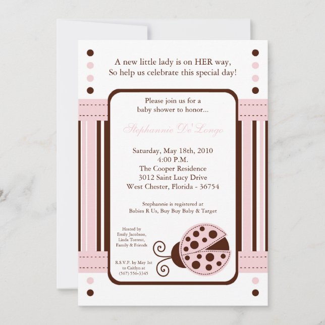 Invitación Baby Shower de LadyBug Rosa de Mod de 5 (Anverso)