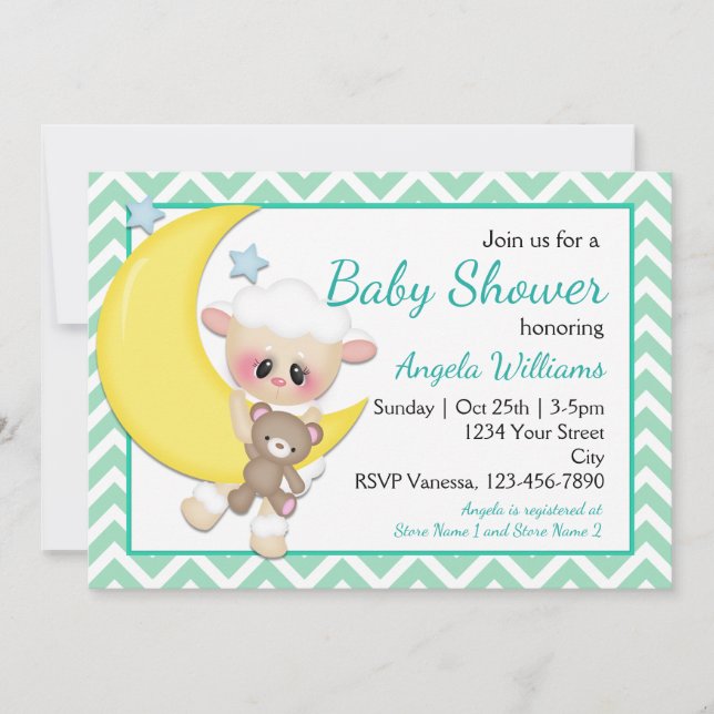 Invitación Baby Shower de Lamb and Crescent Moon (Anverso)