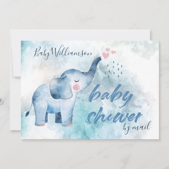 Invitación Baby Shower De Larga Distancia De Elefante Azul Po (Anverso)