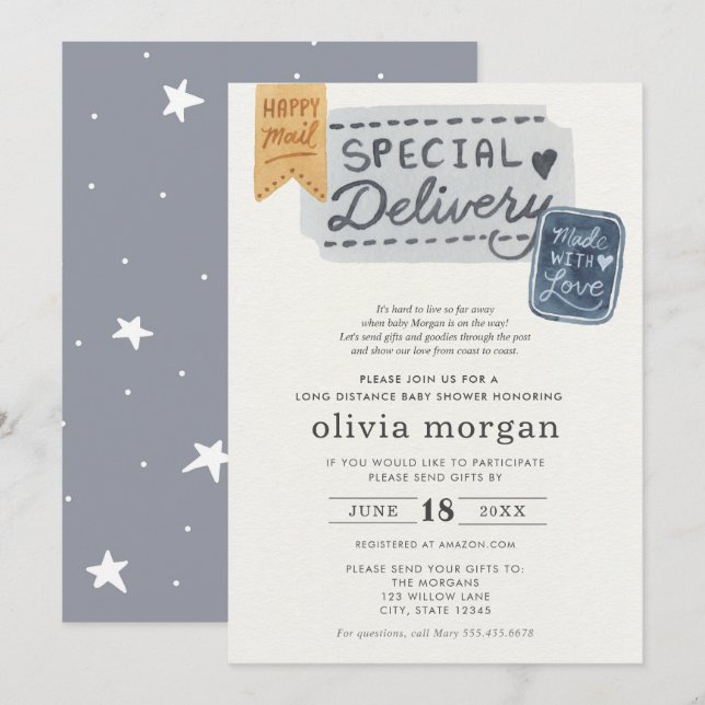 Invitación Baby Shower de larga distancia por correo (Anverso / Reverso)