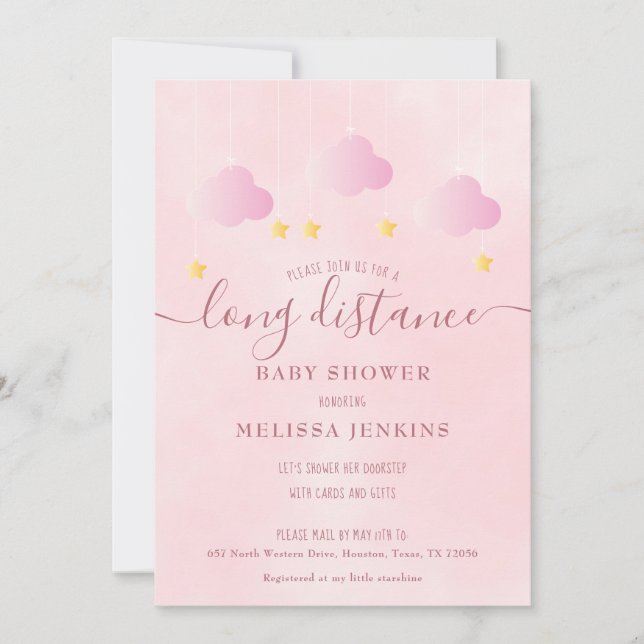 Invitación Baby Shower De Larga Distancia Por Correo Chica Ro (Anverso)