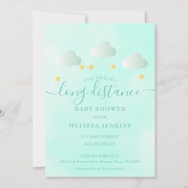 Invitación Baby Shower de larga distancia por correo Neutral (Anverso)