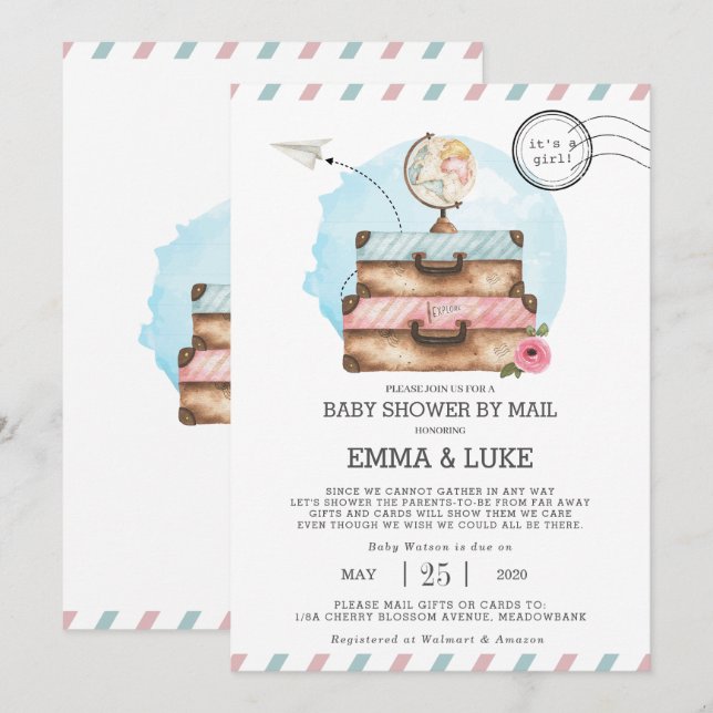 Invitación Baby Shower de larga distancia vintage por correo  (Anverso / Reverso)