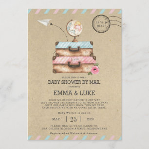Invitación Baby Shower de larga distancia vintage por maleta 