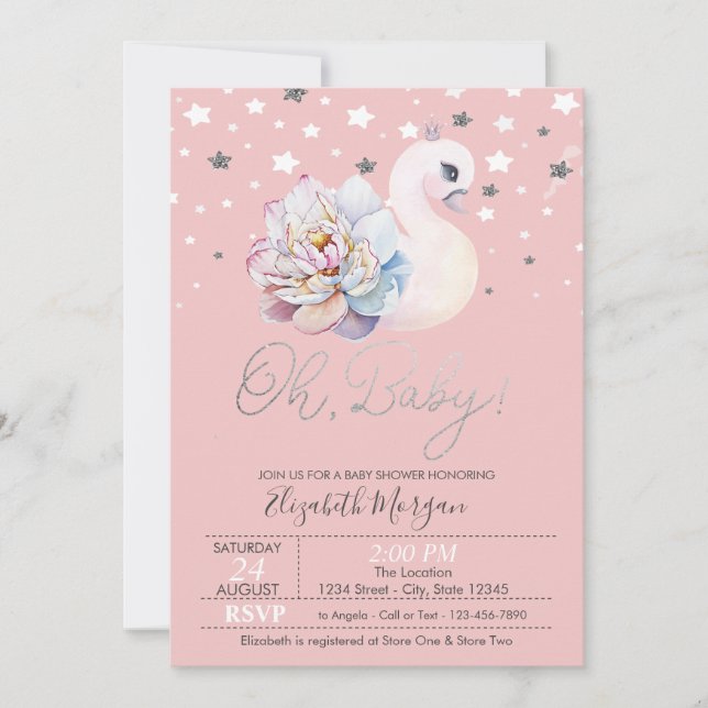 Invitación Baby Shower de las estrellas de la flor de cisne (Anverso)