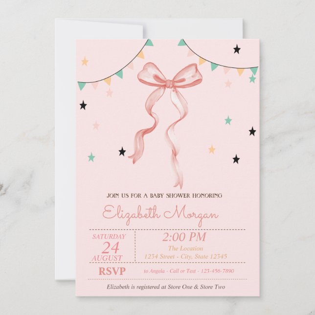 Invitación Baby Shower de las estrellas de los bordes rosados (Anverso)