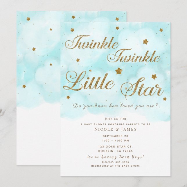 Invitación Baby Shower de las estrellas del Twinkle dorado y  (Anverso / Reverso)