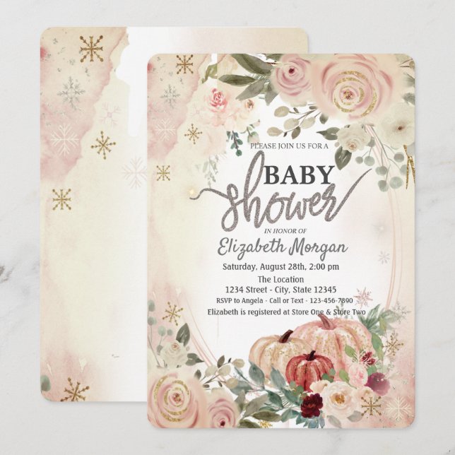Invitación Baby Shower de las flores boho de calabazas (Anverso / Reverso)