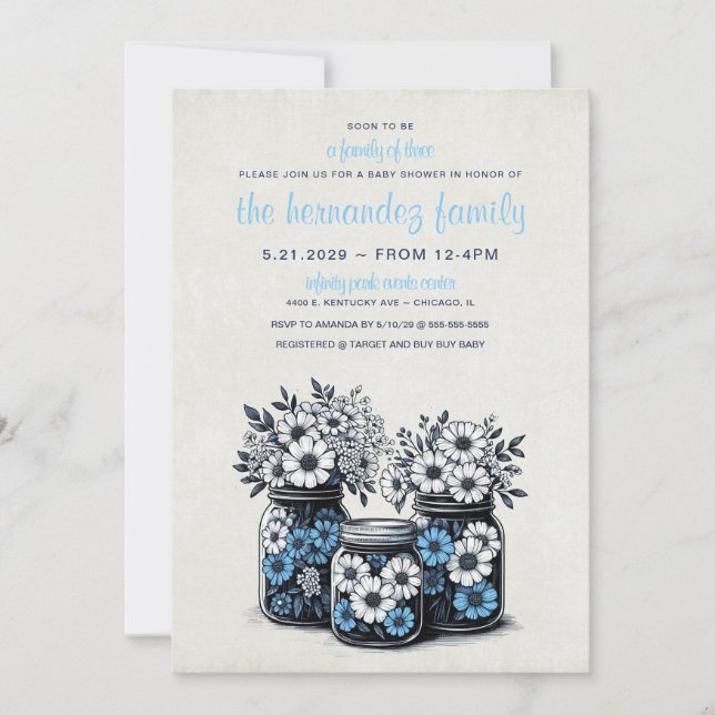 Invitación Baby Shower de las flores de Blue Mason Jar (Anverso)