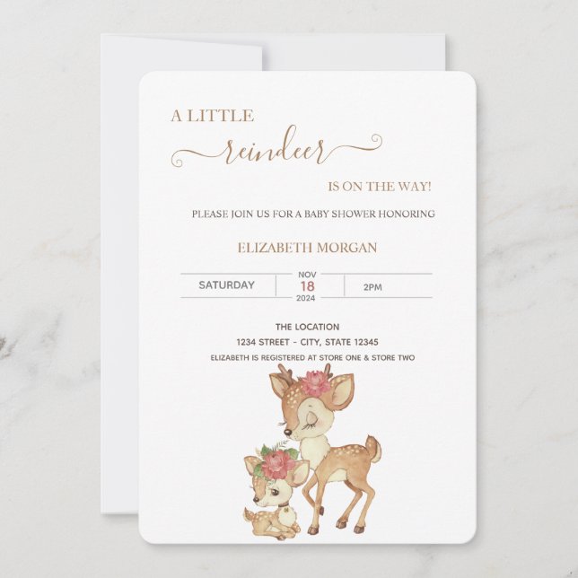 Invitación Baby Shower de las flores de ciervo de bebé (Anverso)