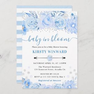 Invitación Baby Shower de las flores de invierno azul para be
