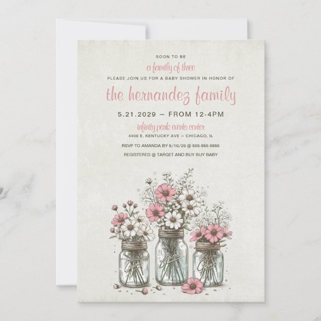 Invitación Baby Shower de las flores de Pink Mason Jar (Anverso)