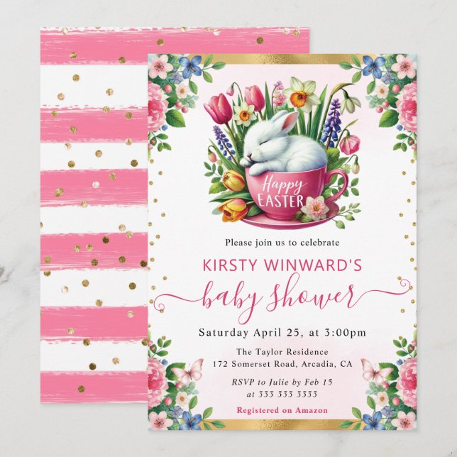 Invitación Baby Shower de las flores de primavera de conejo a (Anverso / Reverso)