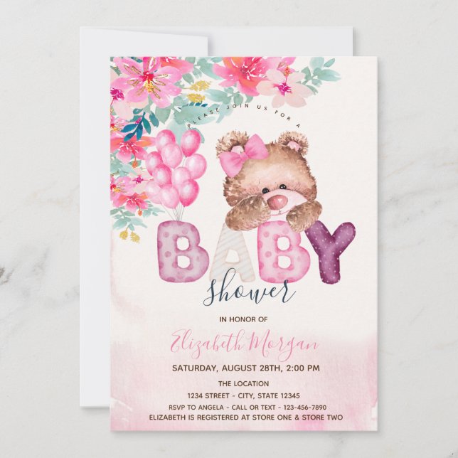 Invitación Baby Shower de las flores de primavera de Oso de T (Anverso)