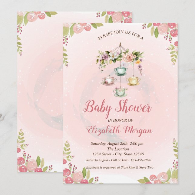 Invitación Baby Shower de las flores de primavera de tetera (Anverso / Reverso)