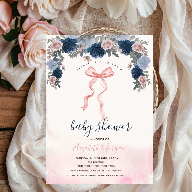 Invitación Baby Shower de las Flores de Rayas de Bow Rosadas (Subido por el creador)