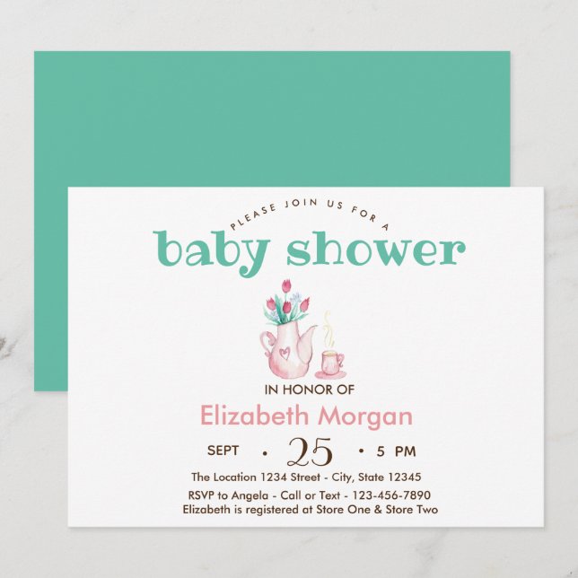 Invitación Baby Shower de las flores de Teapot (Anverso / Reverso)