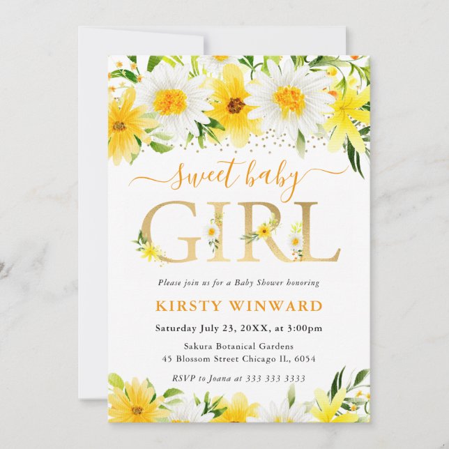 Invitación Baby Shower de las flores de verano amarillo acuar (Anverso)