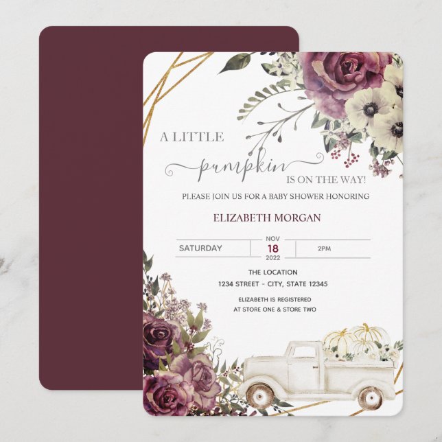 Invitación Baby Shower de las flores del camión de calabaza a (Anverso / Reverso)