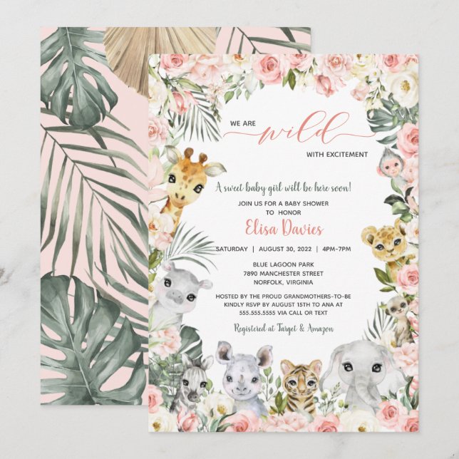 Invitación Baby Shower de las flores rosadas Jungle Safari An (Anverso / Reverso)